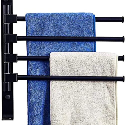 Unyqoos® Zwenkbare Handdoekhouder Zonder Boren - 4 Armen, RVS, Zelfklevend, Mat Zwart, Ruimtebesparend voor Badkamer en Keuken