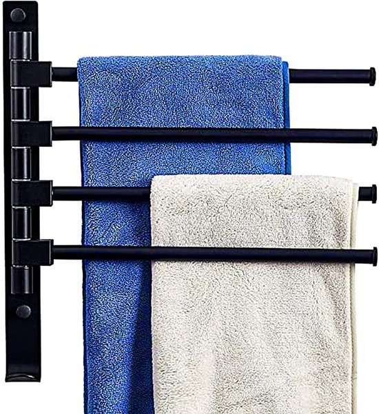 Unyqoos® Zwenkbare Handdoekhouder Zonder Boren - 4 Armen, RVS, Zelfklevend, Mat Zwart, Ruimtebesparend voor Badkamer en Keuken