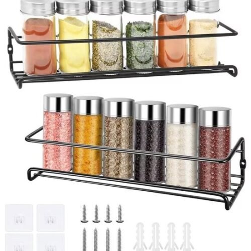 Unyqoos® 2-delige Set Zwart Metalen Kruidenrek voor Muurmontage zonder Boren met Zelfklevende Haken en Schroeven