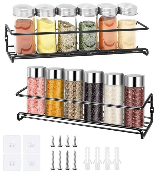 Unyqoos® 2-delige Set Zwart Metalen Kruidenrek voor Muurmontage zonder Boren met Zelfklevende Haken en Schroeven