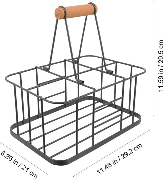 Unyqoos® Metalen flessenmand met houten handvat voor zes flessen in vintage stijl