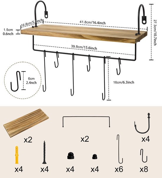 Unyqoos® Ruimtebesparend houten wandrek met handdoekhouder en haken, set van 2 voor diverse ruimtes