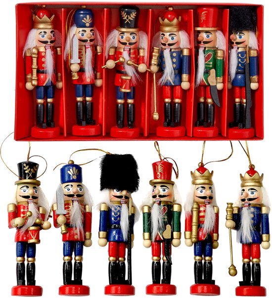 Unyqoos® Set van 6 Houten Notenkraker Soldaat Ornamenten voor Kerstboomdecoratie