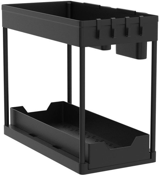 Unyqoos® Uitschuifbare Dubbeldeks Keuken- en Badkamerorganizer met Haken en Bekers voor Onder de Wastafel