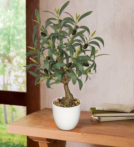 Unyqoos® Kunstmatige Olijfboom voor Binnen- en Buitendecoratie, 45 cm Hoog, Inclusief Pot en Realistische Olijven