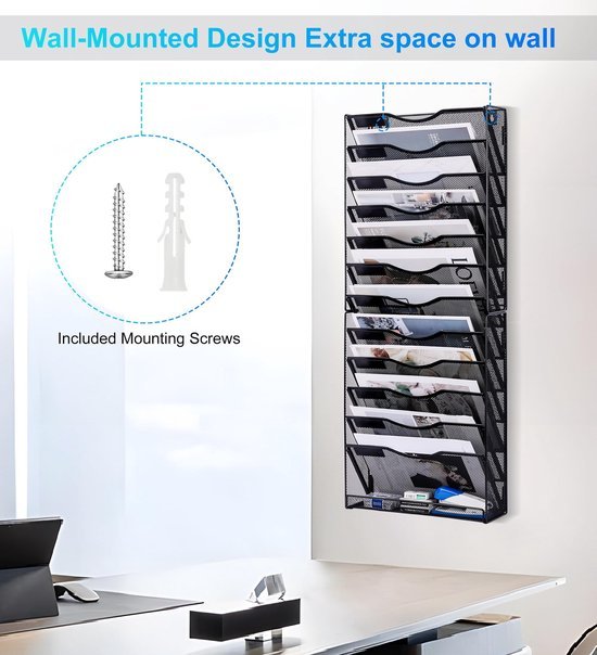Unyqoos® Metalen wandorganizer met 12 vakken voor documenten en tijdschriften