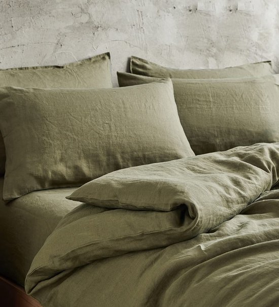 Unyqoos® Olijfgroene katoenen beddengoedset met ritssluiting en vintage uitstraling