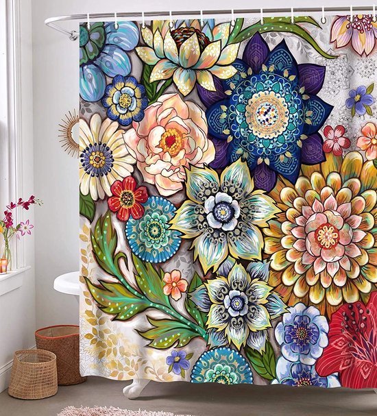 Unyqoos® Decoratief Douchegordijn met Levendige Bloemenprint en Kunstzinnige Natuurelementen, 180 x 200 cm, Wasbaar, Waterafstotend, Inclusief 12 Ophangringen