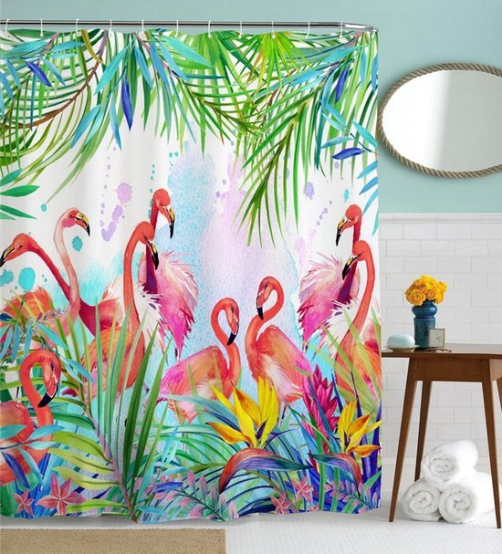 550x607-2.jpg Unyqoos® Waterdichte douchegordijn met flamingo print en tropische bladeren 200x180