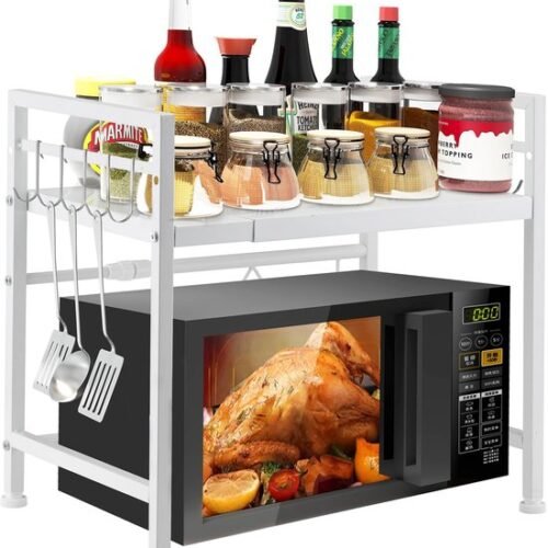 Unyqoos ® Uitbreidbaar Keukenrek voor Magnetron, Broodrooster en Meer met Verstelbare Hoogte en Haken