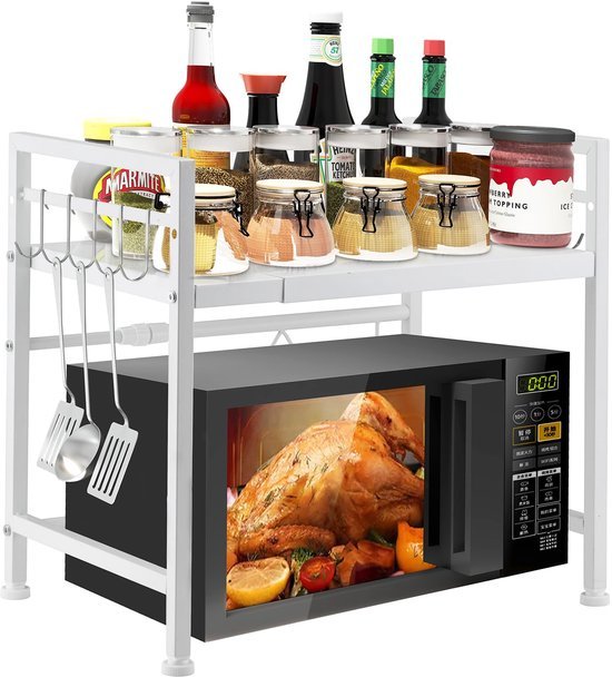 550x608-14.jpg Unyqoos ® Uitbreidbaar Keukenrek voor Magnetron, Broodrooster en Meer met Verstelbare Hoogte en Haken