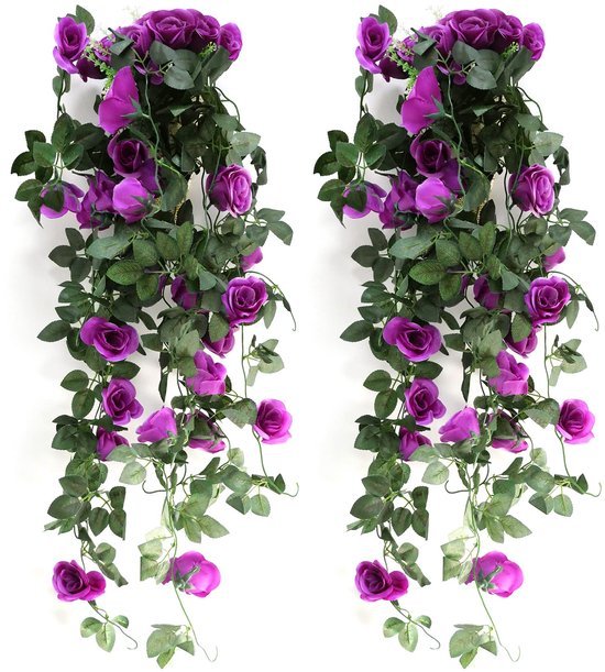 Unyqoos® Hangende Kunstplanten Set – 2x Klimop met Paarse Bloemen – 90 cm – Voor Binnen en Buiten
