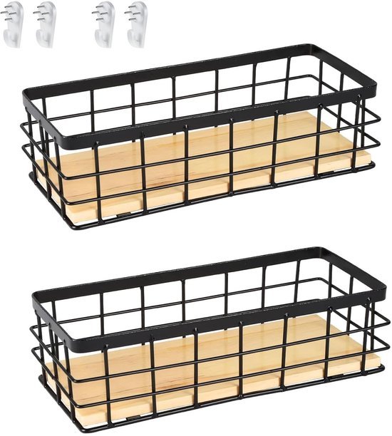 550x612-11.jpg Unyqoos® Set van twee metalen wandmanden met houten bodem voor veelzijdige opslag