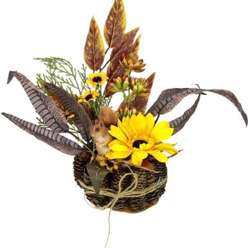 Unyqoos® Decoratief herfststuk met kunstzonnebloemen en eekhoorntjes in sfeervolle dennenpot
