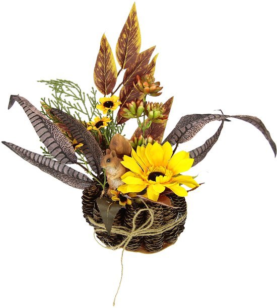 Unyqoos® Decoratief herfststuk met kunstzonnebloemen en eekhoorntjes in sfeervolle dennenpot