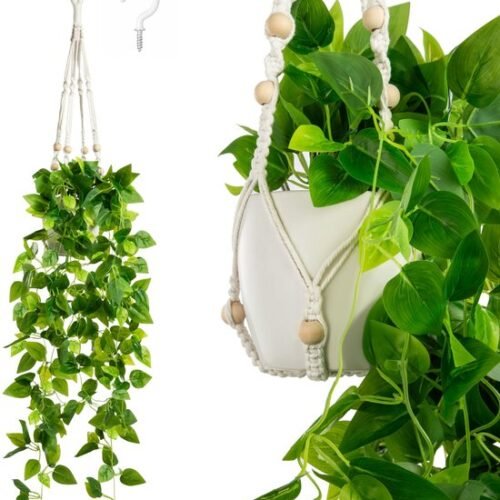 Unyqoos® Decoratieve kunstklimop in keramische pot met handgemaakte macraméhanger