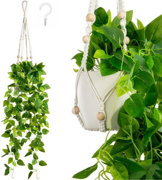Unyqoos® Decoratieve kunstklimop in keramische pot met handgemaakte macraméhanger