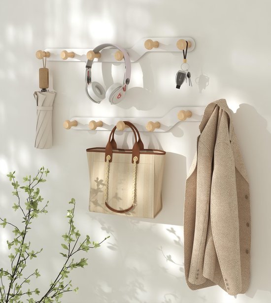 Unyqoos ® Stijlvolle Crèmekleurige Wandkapstok met Vijf Houten Haken voor Verschillende Kamers