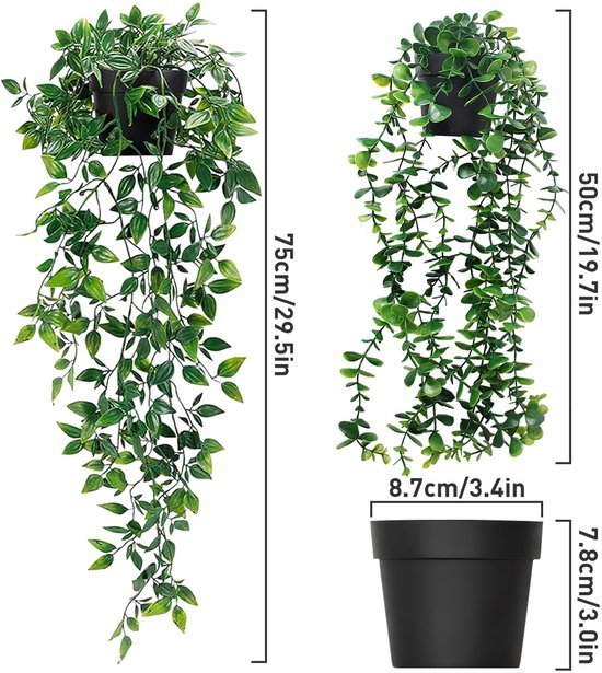 Unyqoos ® Set van 4 Realistisch Uitziende Hangende Kunstplanten in Elegante Zwarte Potten voor Binnen- en Buitendecoratie