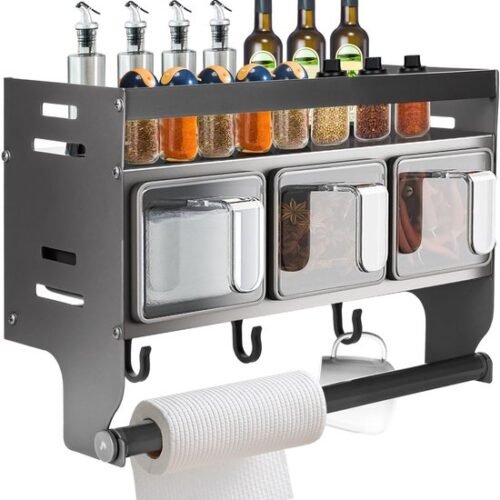 Unyqoos® Metalen hangend kruidenrek met keukenrolhouder en drie kruidenboxen