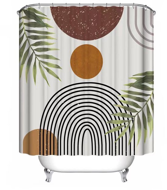 Unyqoos® Retro-Boho Stijlvolle Doucheschermset met Abstracte Boog en Zon, 183x183 cm, Inclusief Haken