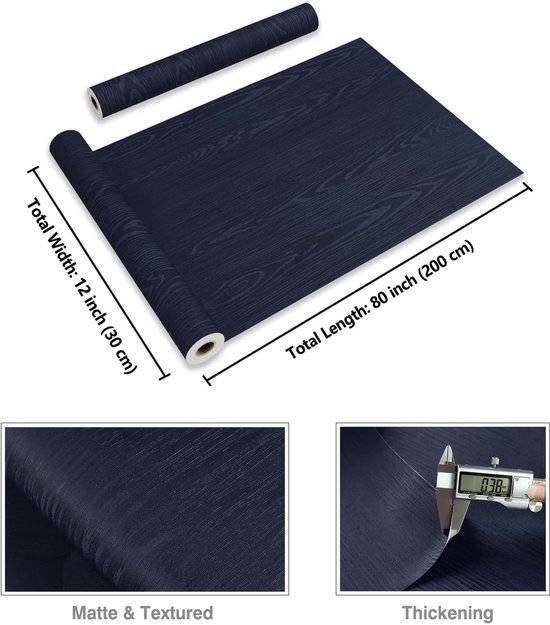 Unyqoos® Donkerblauw Zelfklevend Houtlook Behang voor Keuken en Woonkamer, 30 cm x 200 cm