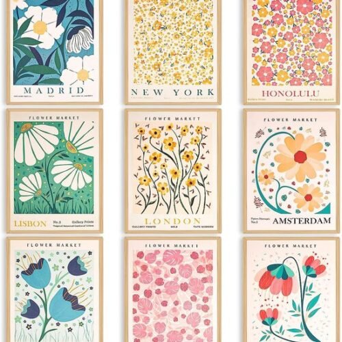 Unyqoos® Stijlvolle Set van 9 Bloemenposters voor Vintage en Minimalistische Interieurs