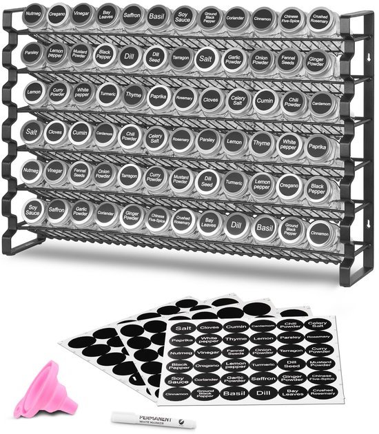 550x630-11.jpg Unyqoos® Ruim kruidenrek met zes niveaus inclusief 72 glazen potjes en etiketten