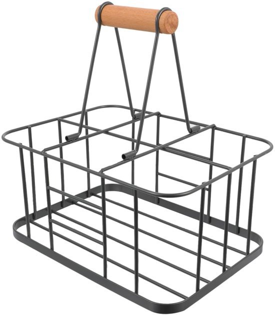 Unyqoos® Metalen flessenmand met houten handvat voor zes flessen in vintage stijl