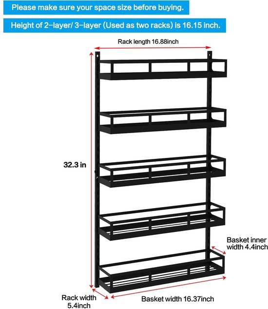 Unyqoos ® Verstelbaar Keukenkruidenrek met Meerdere Niveaus voor Wand- of Deurmontage, Inclusief Haken en Ruime Opbergcapaciteit