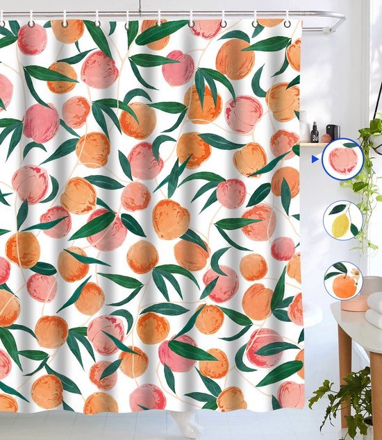 Unyqoos® Decoratieve douchegordijnset met fruitmotief en haken in roze tint