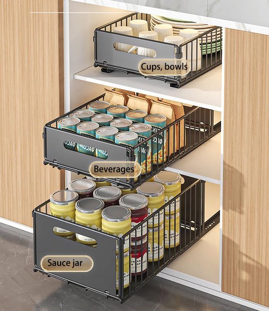 Unyqoos ® Uittrekbare Telescopische Lade Organizer voor Keuken- en Badkamerkasten zonder Boren of Spijkeren, Zwart