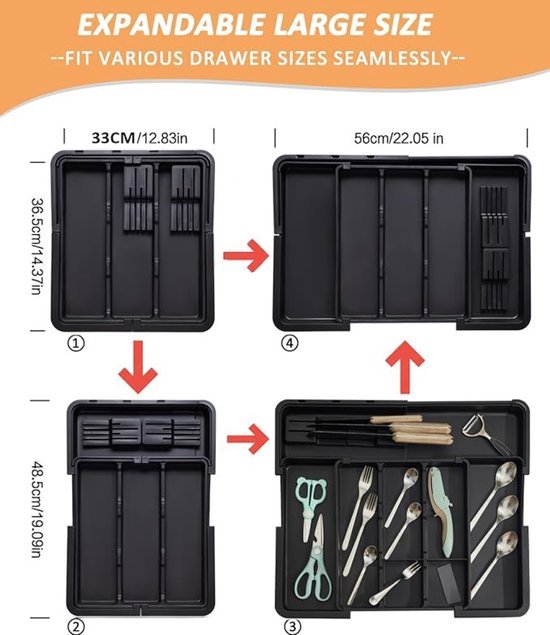 550x635-25.jpg Unyqoos® Verstelbare besteklade organizer met uitbreidbare indeling en messenhouder