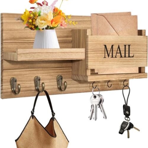 Unyqoos® Houten wandhouder met plank en 6 haken voor sleutel en accessoires