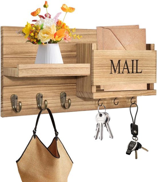 Unyqoos® Houten wandhouder met plank en 6 haken voor sleutel en accessoires