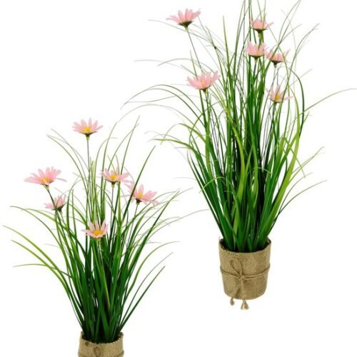 Unyqoos® Decoratief kunstgras met margrieten in jute pot voor binnen en buiten
