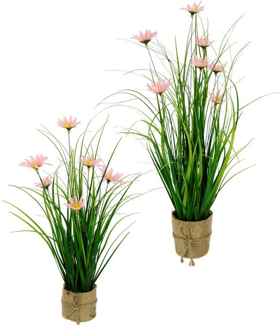 Unyqoos® Decoratief kunstgras met margrieten in jute pot voor binnen en buiten