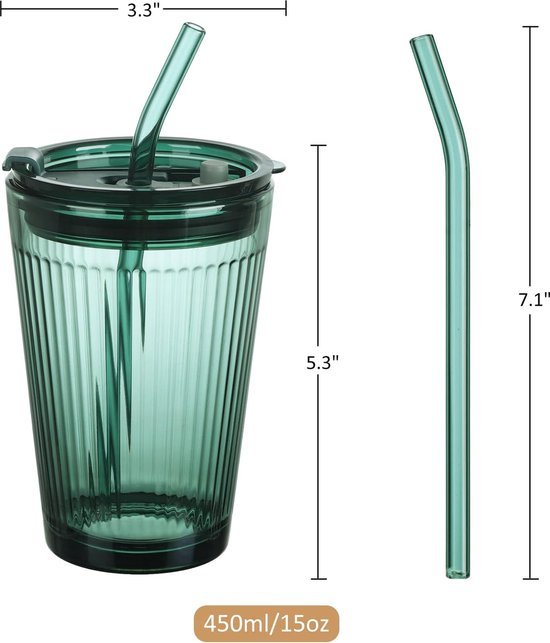 450 ml Groene Drinkbeker met Deksel en Rietje - Set van 2 Glazen Smoothiebekers met Rietje - Koffiebeker met Rietje voor Sap, Koffie, Water, Thee