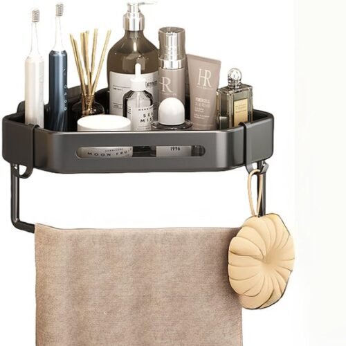 Unyqoos® Zwarte hoekdoucheplank zonder boren met haken en stang voor badkamer
