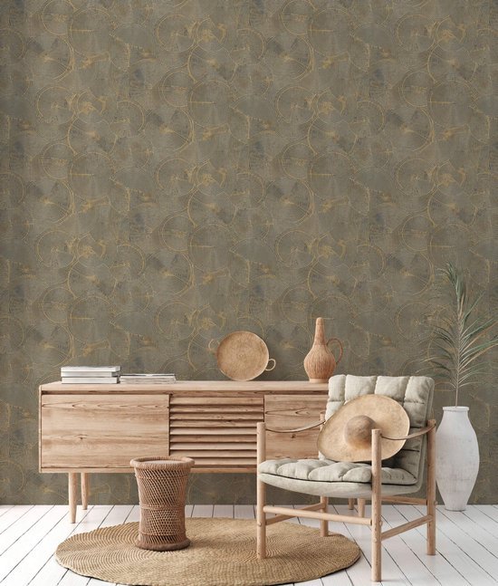 550x647-6.jpg Unyqoos® Stijlvol vliesbehang met cirkelpatroon in beige, metallic en zwart