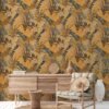 550x647-7.jpg Unyqoos® Modern vliesbehang met elegant bloemenpatroon en bladmotief in warme tinten, geel-bruin-blauw