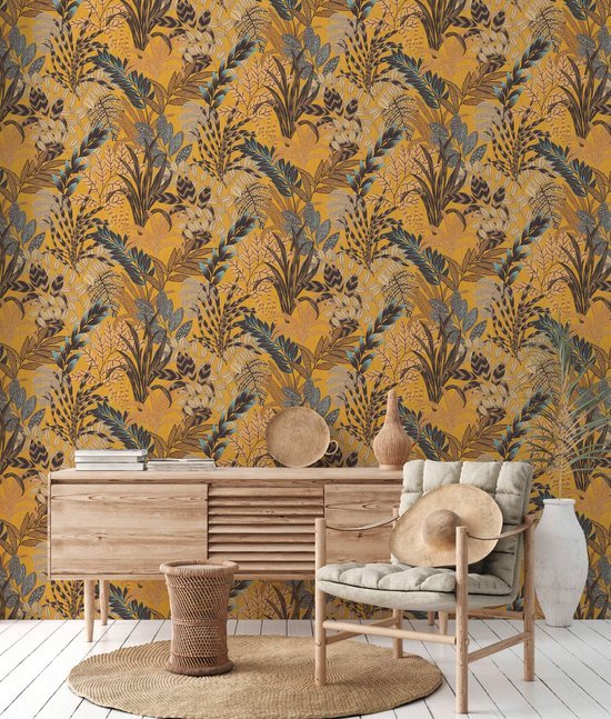 550x647-7.jpg Unyqoos® Modern vliesbehang met elegant bloemenpatroon en bladmotief in warme tinten, geel-bruin-blauw
