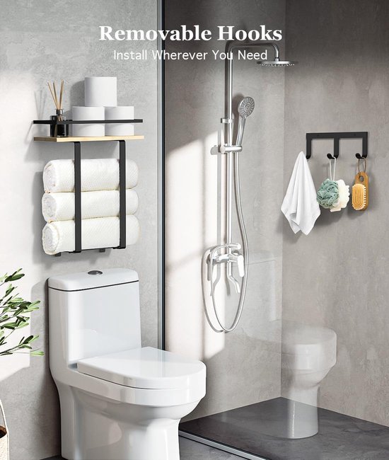 Unyqoos ® Stijlvolle Wandgemonteerde Handdoekhouder met Houten Accenten en Extra Opslag