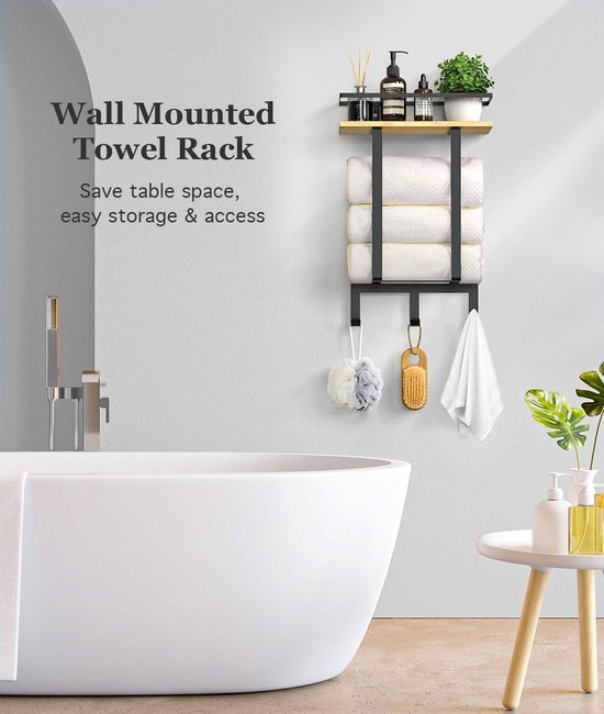 Unyqoos ® Stijlvolle Wandgemonteerde Handdoekhouder met Houten Accenten en Extra Opslag