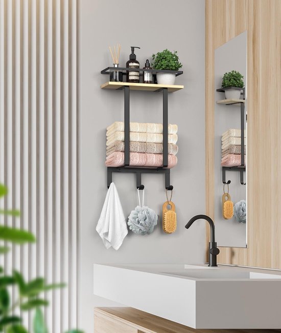 Unyqoos ® Stijlvolle Wandgemonteerde Handdoekhouder met Houten Accenten en Extra Opslag