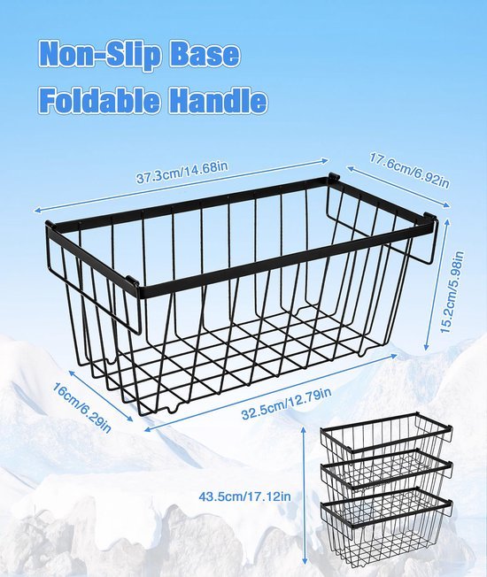 Unyqoos® Set van drie metalen draadmanden met handvatten voor koelkast en keuken