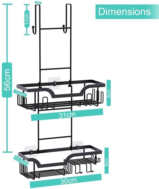 Unyqoos® Handige zwarte doucheorganizer met twee manden voor opgehangen installatie