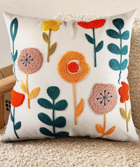 Unyqoos® Stijlvolle kussensloop met geborduurde bloemen voor zomerse inrichting