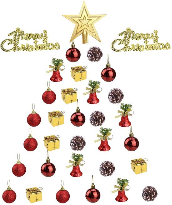 Unyqoos® Complete set van 33 mini-kerstballen in rood en goud voor feestelijke decoratie