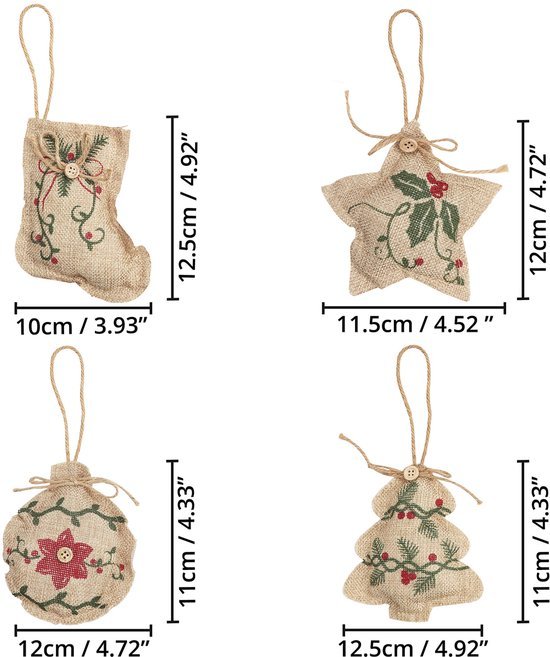 Unyqoos ® Set van 12 Handgemaakte Jute Kerstdecoraties voor een Traditionele Feestelijke Sfeer